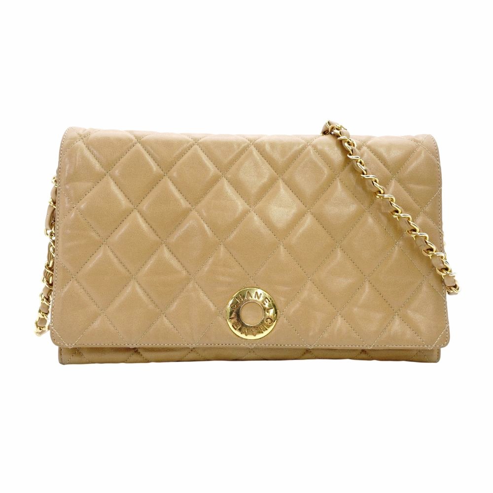 CHANEL Chain Shoulder Bag Lambskin Beige Leather Vintage Gold Hardware R801341