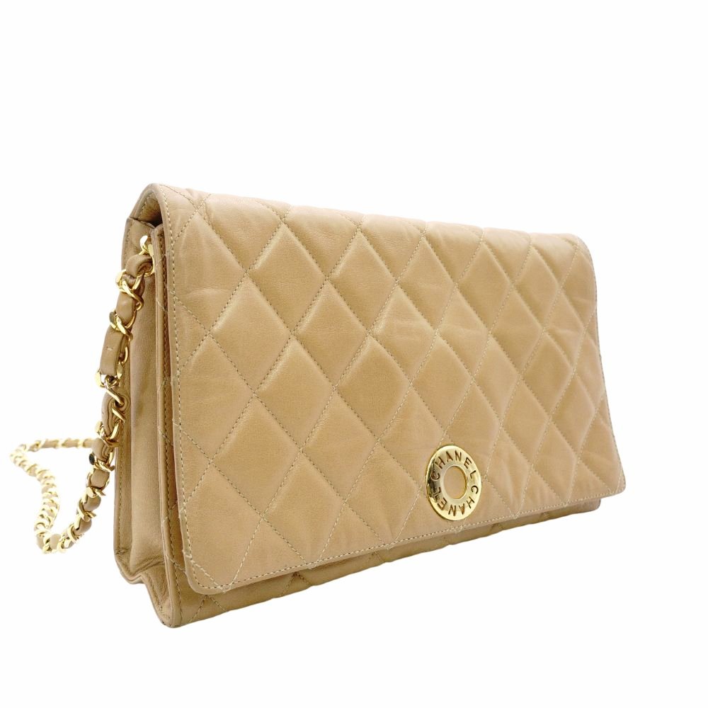CHANEL Chain Shoulder Bag Lambskin Beige Leather Vintage Gold Hardware R801341