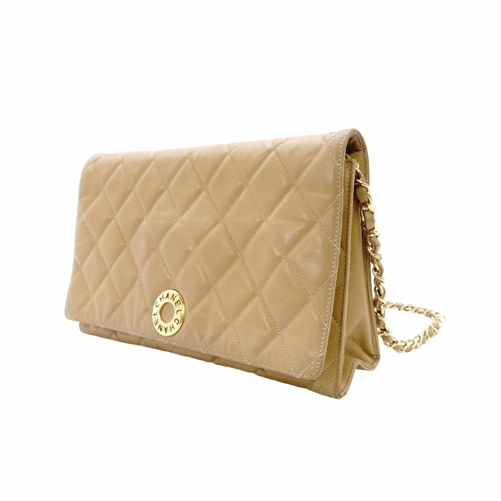 CHANEL Chain Shoulder Bag Lambskin Beige Leather Vintage Gold Hardware R801341