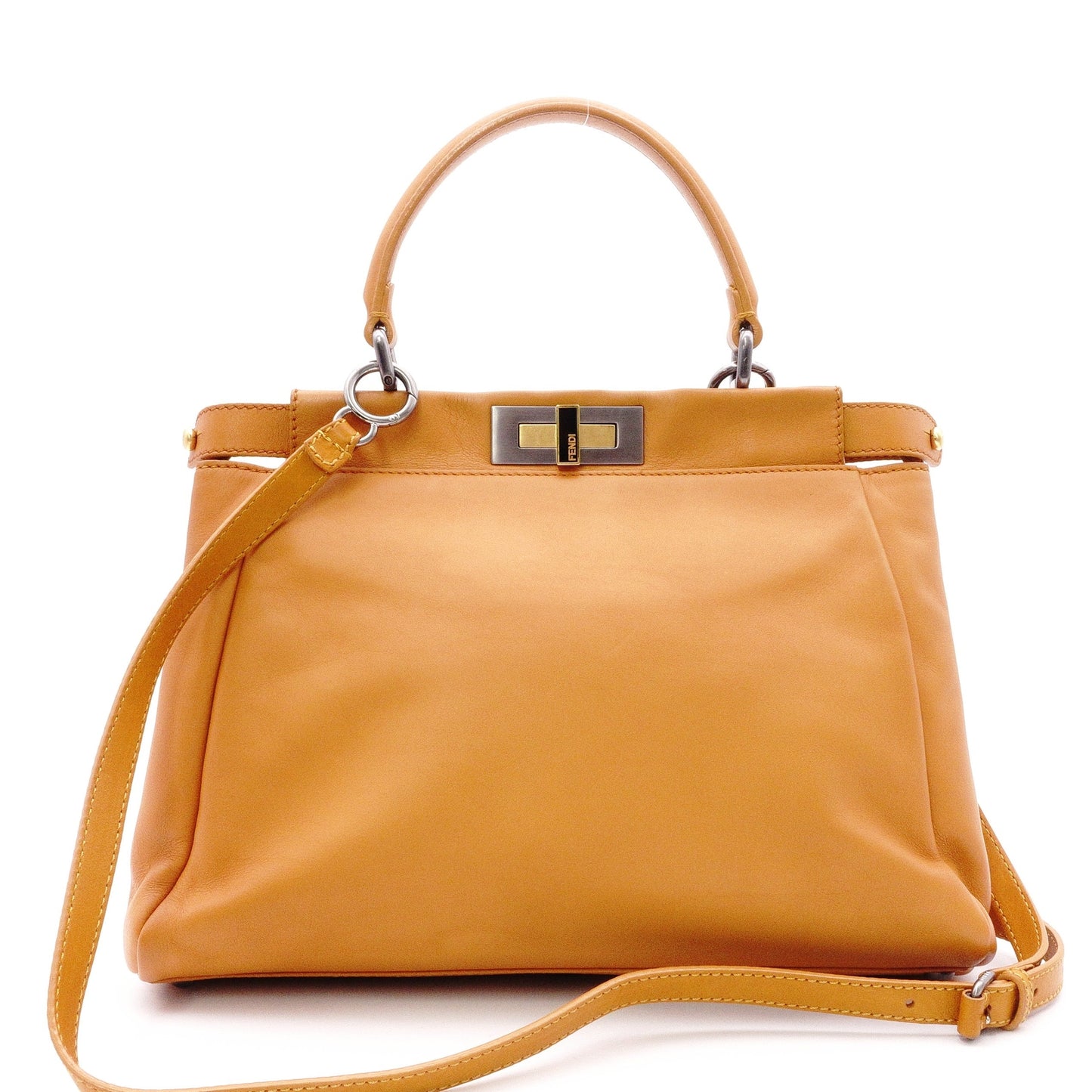 FENDI Peekaboo Handbag, Leather, Brown, 2-Way Crossbody, Silver Hardware