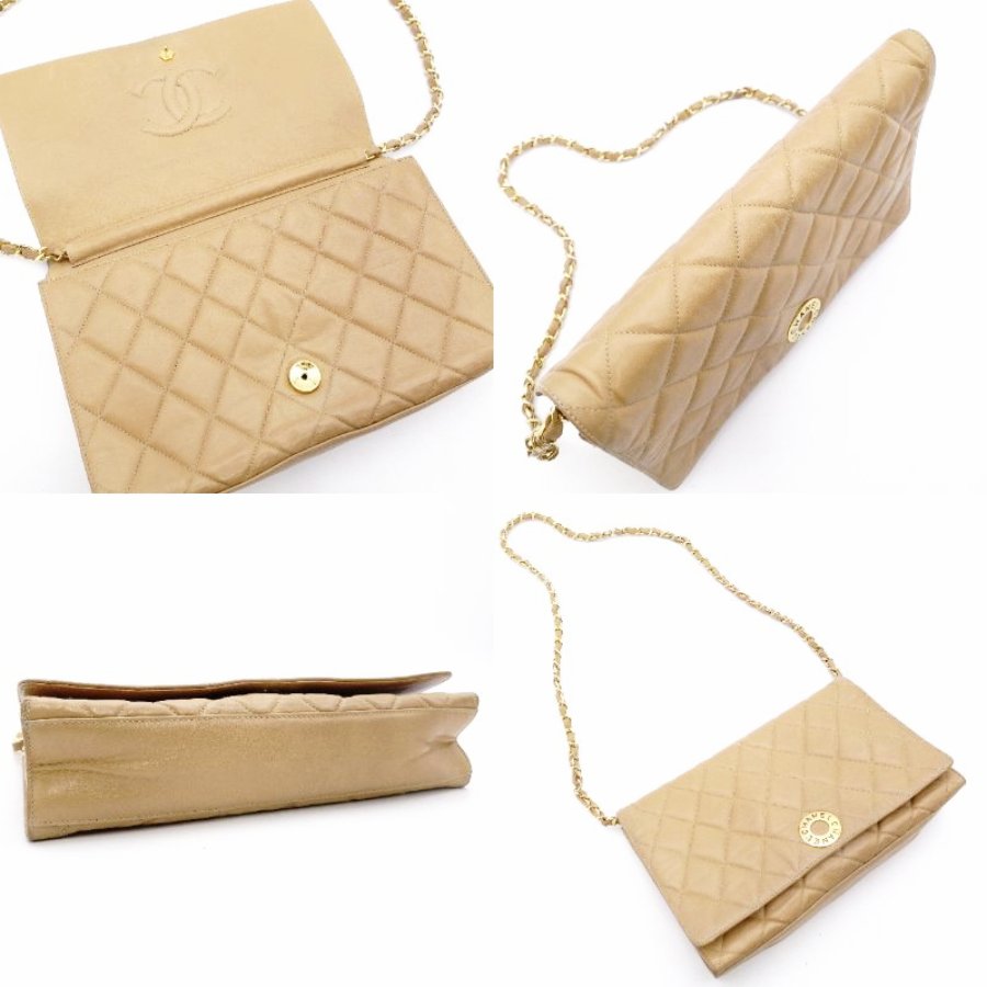 CHANEL Chain Shoulder Bag Lambskin Beige Leather Vintage Gold Hardware R801341