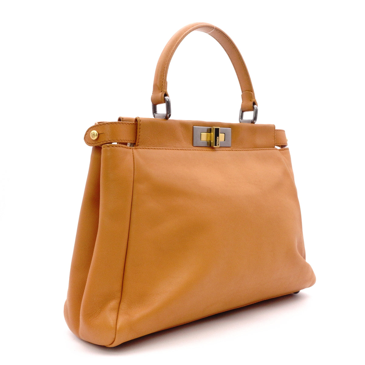 FENDI Peekaboo Handbag, Leather, Brown, 2-Way Crossbody, Silver Hardware