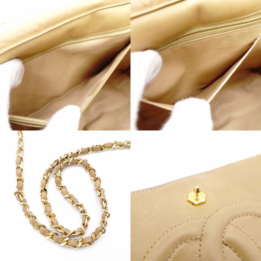 CHANEL Chain Shoulder Bag Lambskin Beige Leather Vintage Gold Hardware R801341