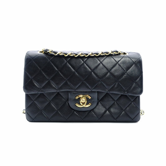 CHANEL Matelassé Double Flap Classic Chain Shoulder Bag Black Lambskin Black Gold Hardware 7-8-605