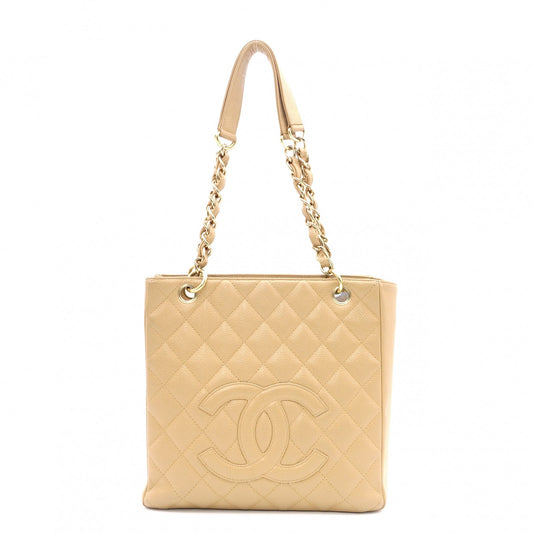 CHANEL PST Matelassé Shoulder Bag, Leather, Beige, Gold Hardware