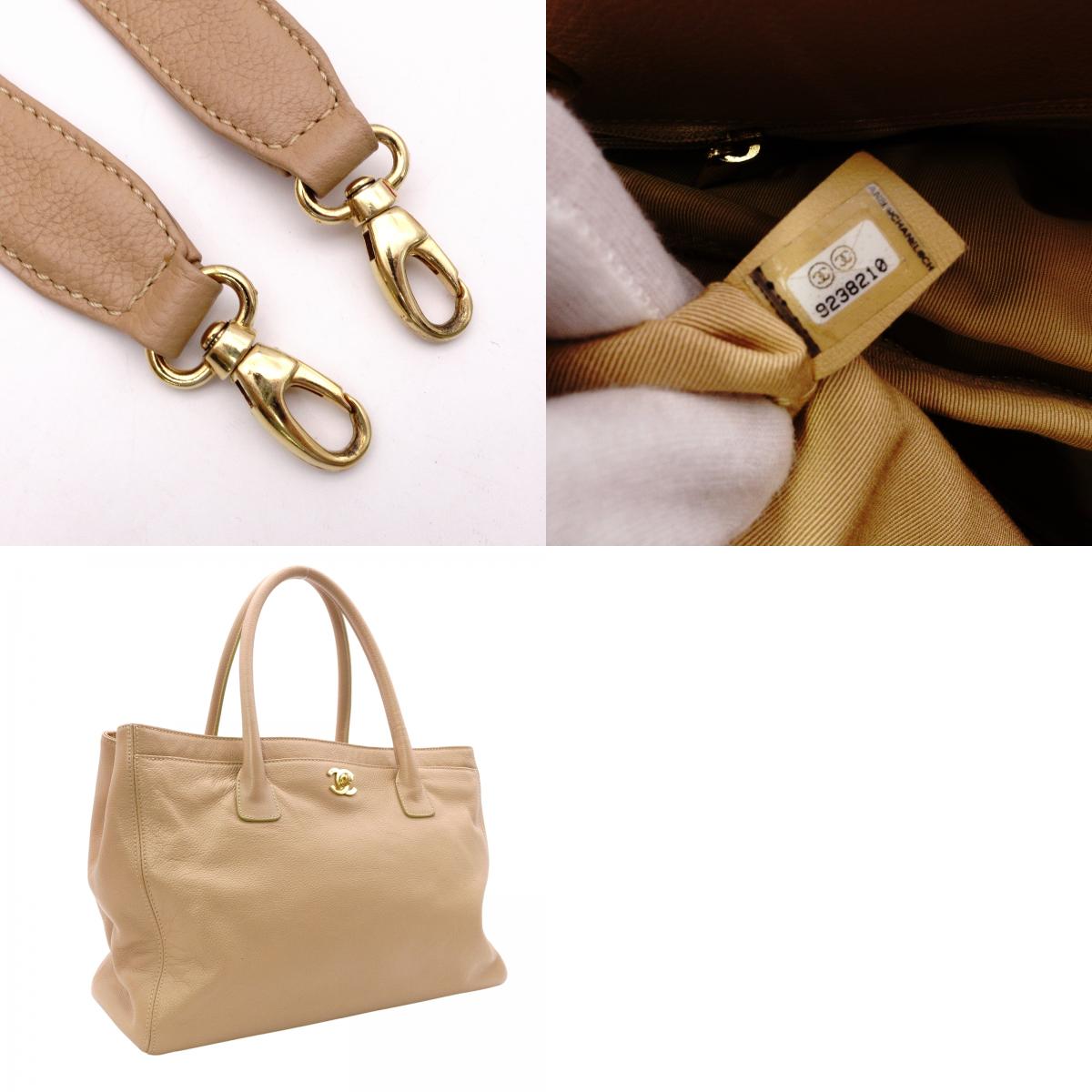 CHANEL Executive Tote Shoulder Bag, Leather, Beige, Women's, 2-Way, Gold Hardware