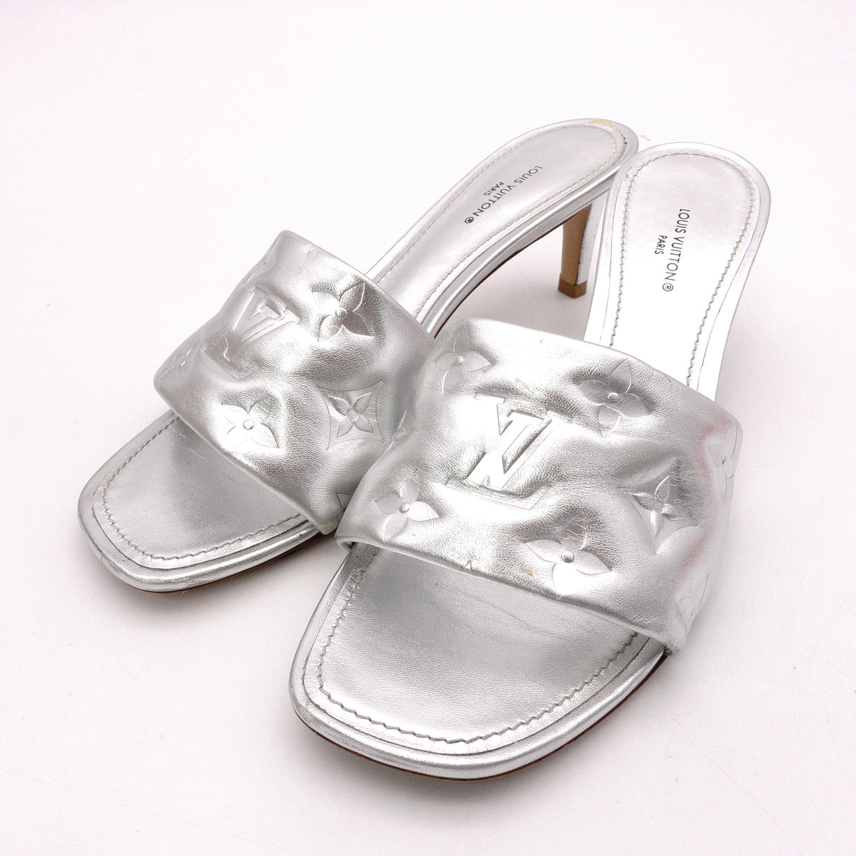 LOUIS VUITTON Revival Mules Sandals Silver leather Women