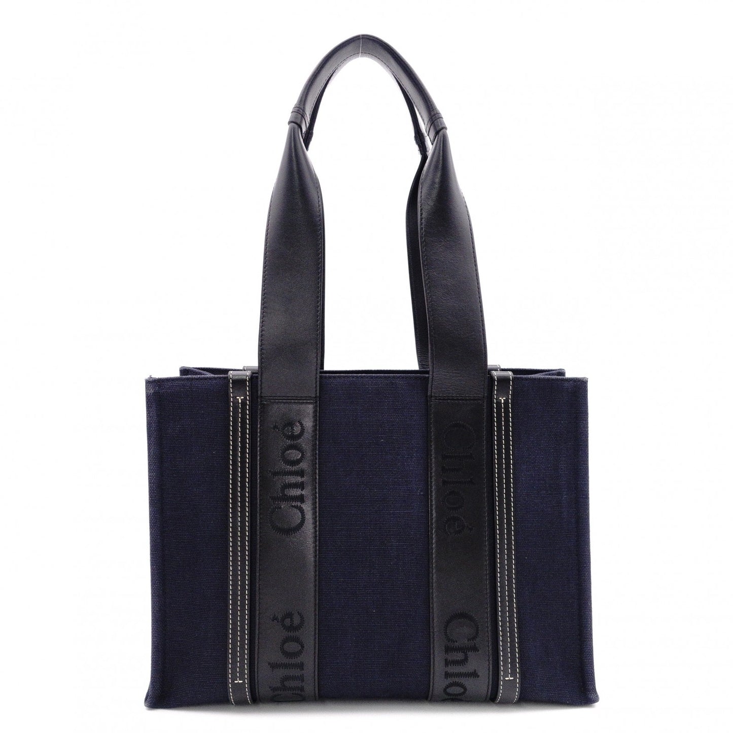 Chloe Woody Shoulder Bag, Canvas/Leather, Navy and Black Tote Bag