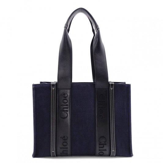 Chloe Woody Shoulder Bag, Canvas/Leather, Navy and Black Tote Bag