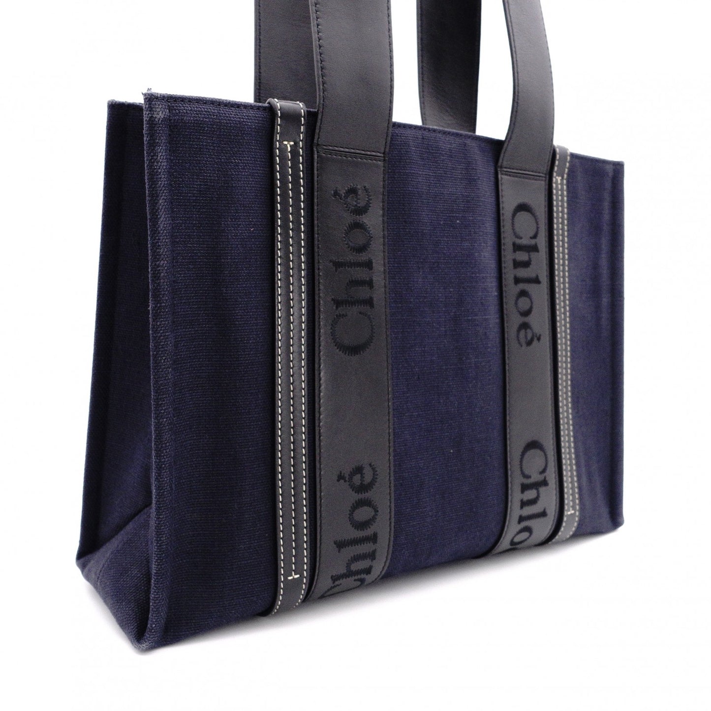 Chloe Woody Shoulder Bag, Canvas/Leather, Navy and Black Tote Bag