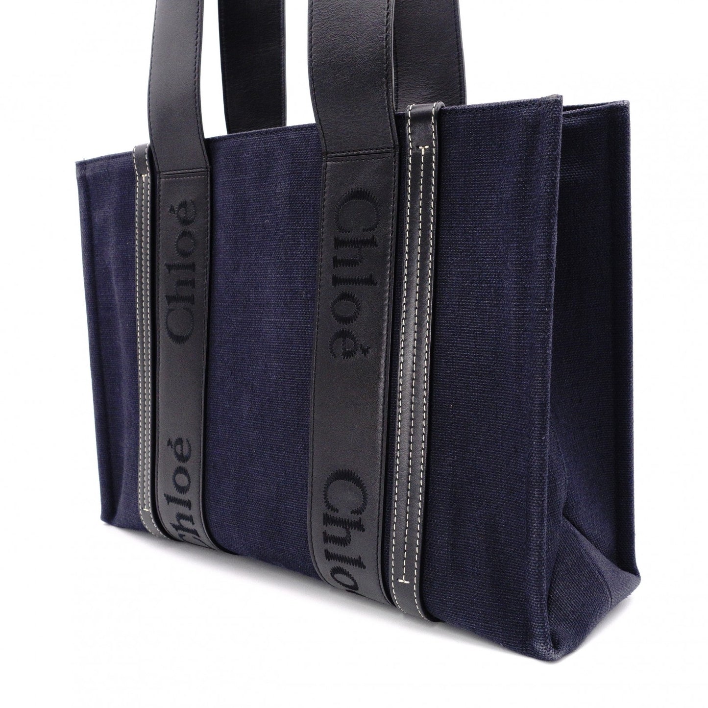 Chloe Woody Shoulder Bag, Canvas/Leather, Navy and Black Tote Bag