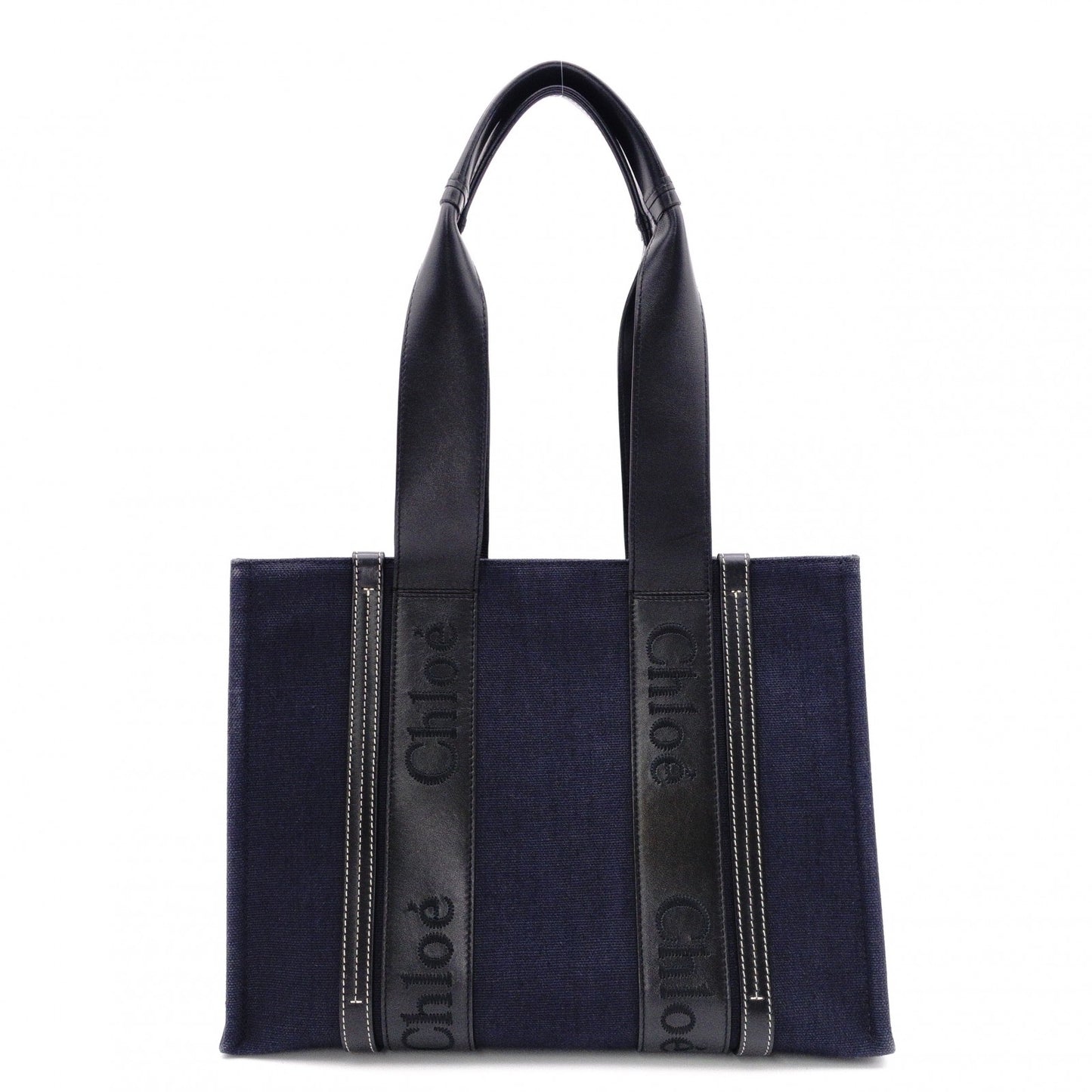 Chloe Woody Shoulder Bag, Canvas/Leather, Navy and Black Tote Bag
