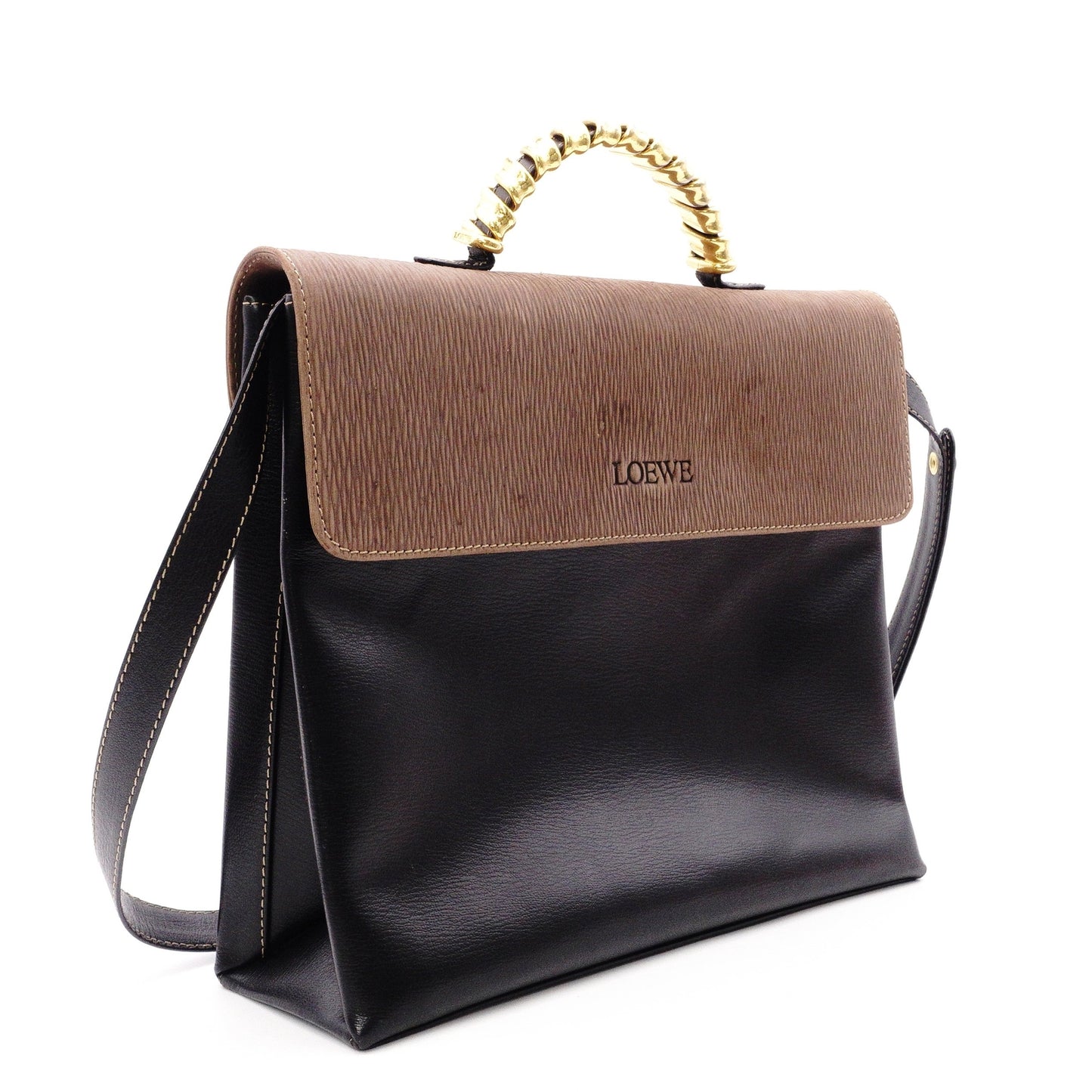 LOEWE Velázquez Handbag, Leather, Black, Women's, 2-Way, Brown, Black, Vintage
