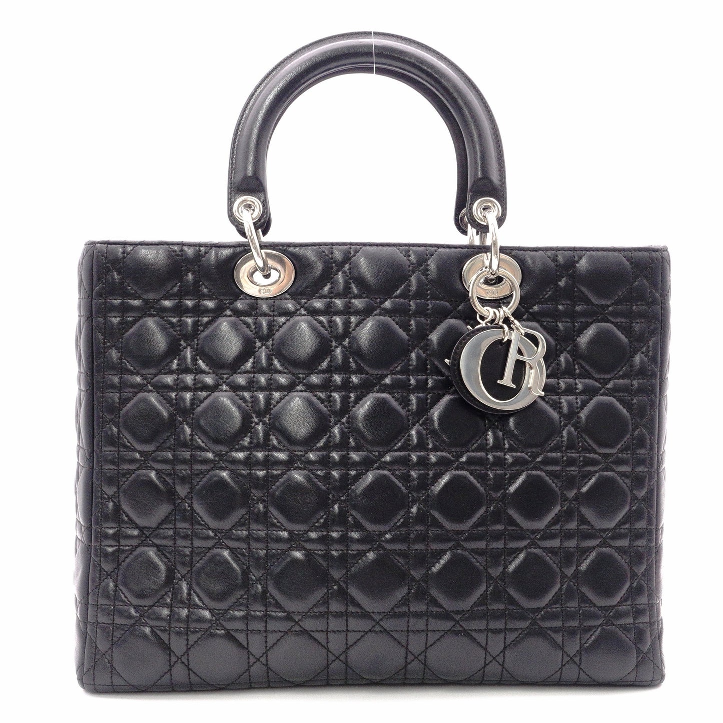 Christian Dior Lady Dior Handbag, Leather, Black, Women's, Silver Hardware, CD
