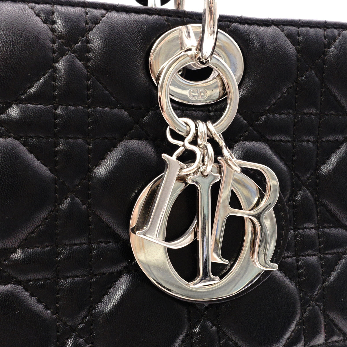 Christian Dior Lady Dior Handbag, Leather, Black, Women's, Silver Hardware, CD