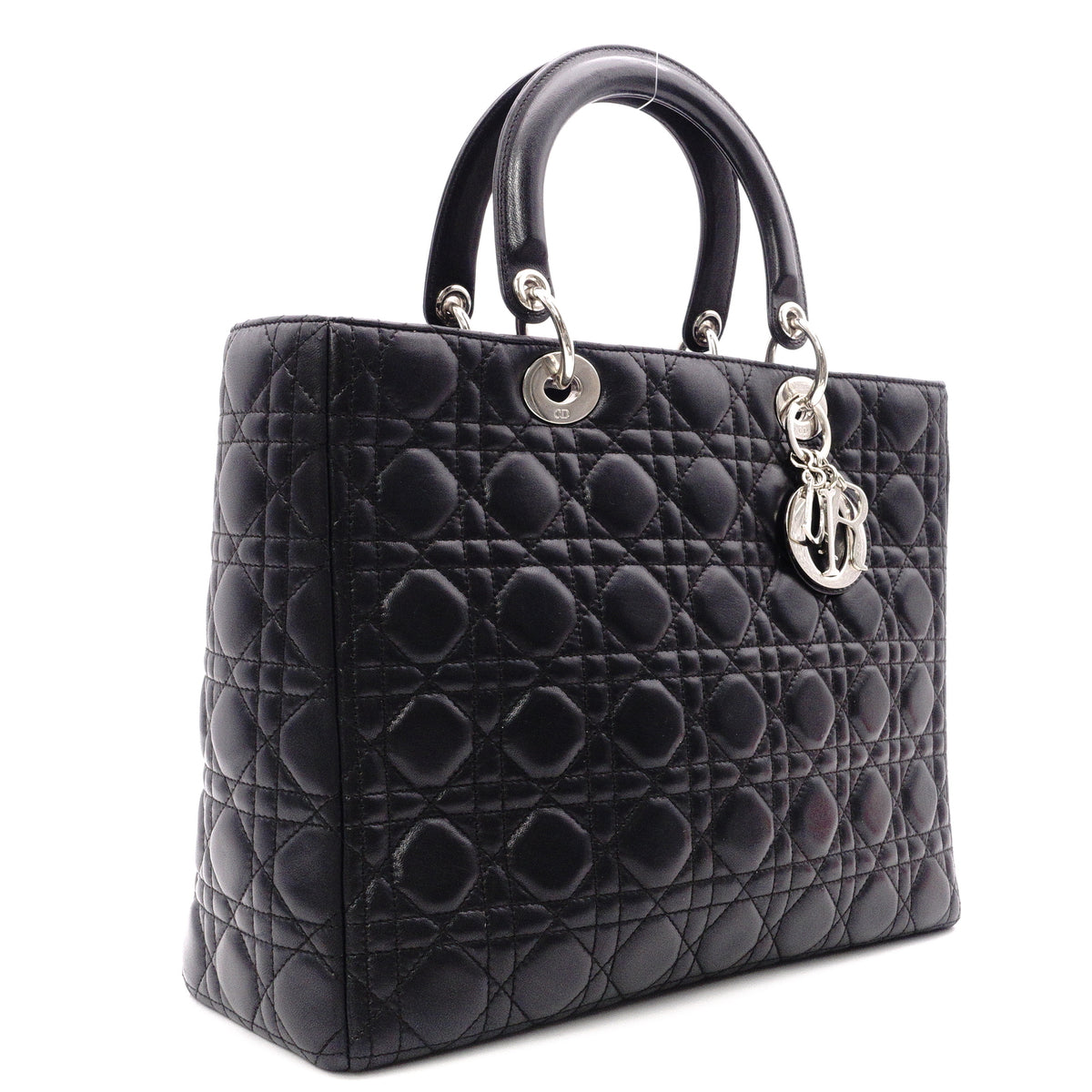 Christian Dior Lady Dior Handbag, Leather, Black, Women's, Silver Hardware, CD