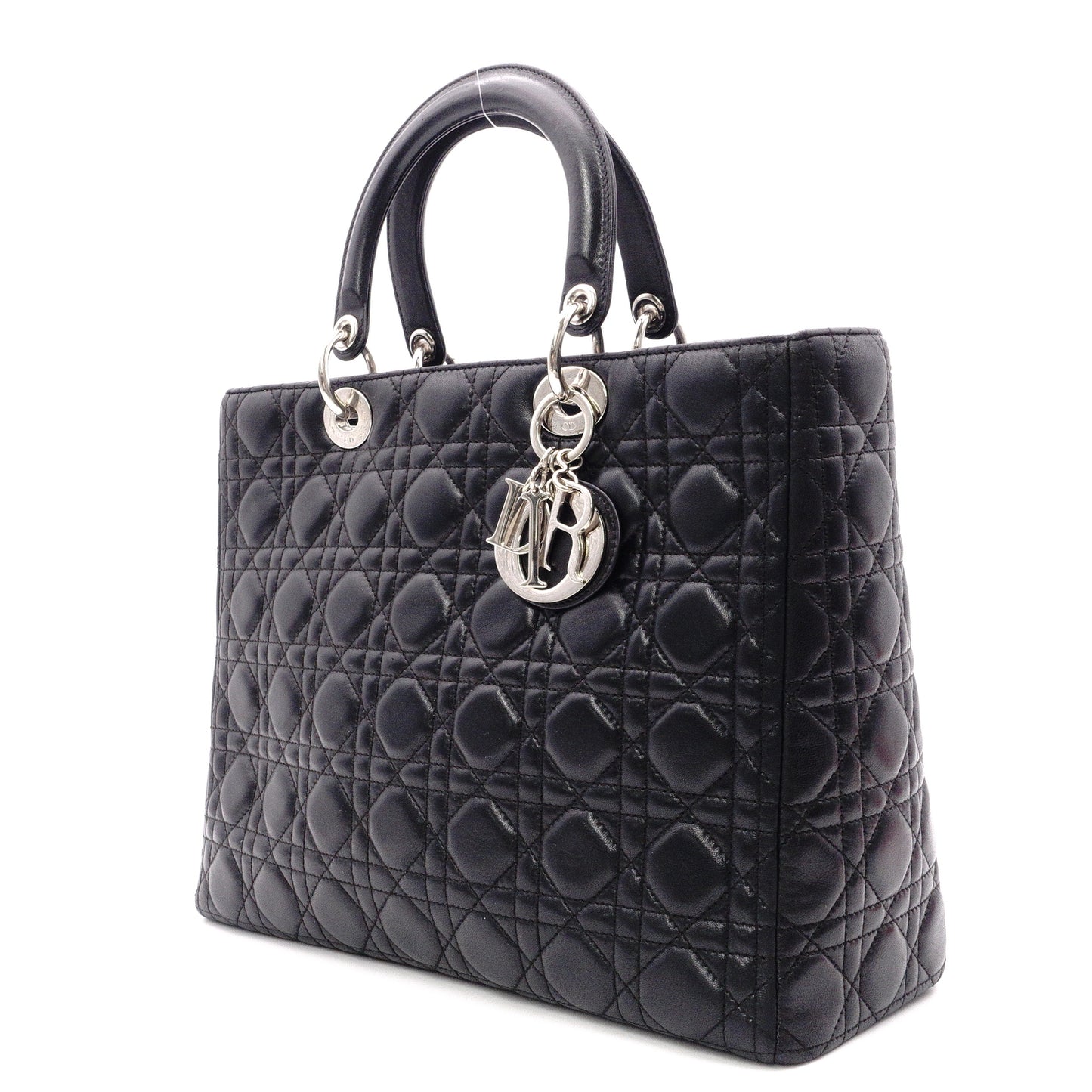 Christian Dior Lady Dior Handbag, Leather, Black, Women's, Silver Hardware, CD