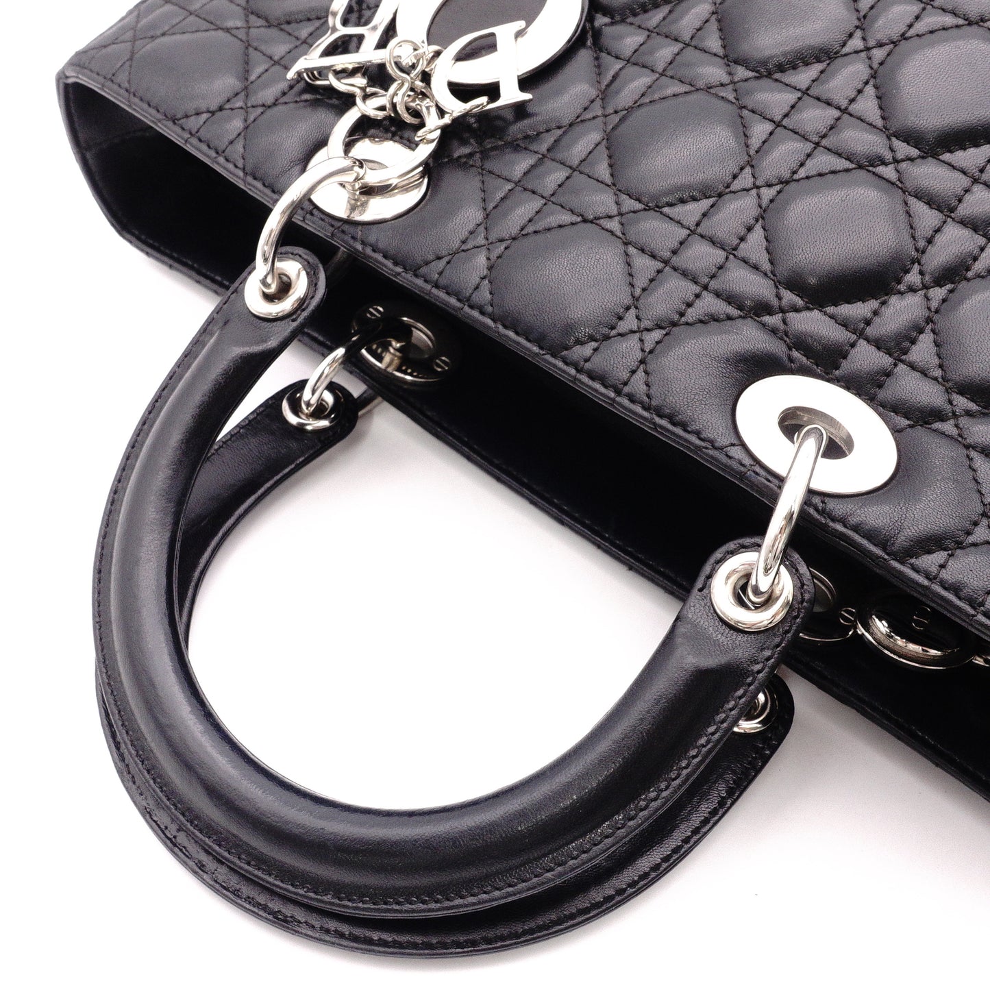 Christian Dior Lady Dior Handbag, Leather, Black, Women's, Silver Hardware, CD