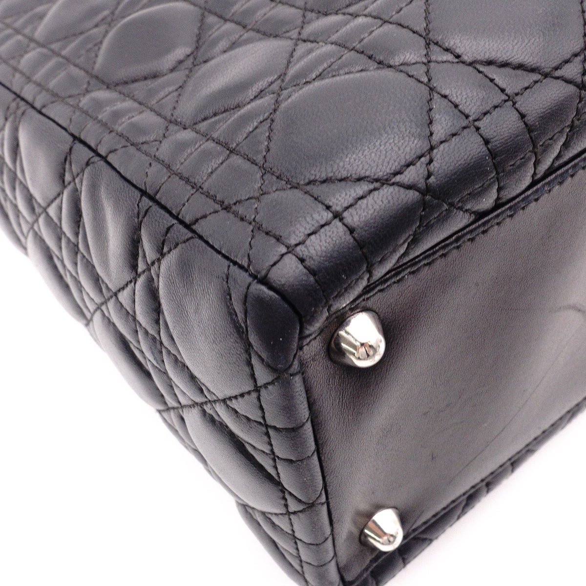 Christian Dior Lady Dior Handbag, Leather, Black, Women's, Silver Hardware, CD