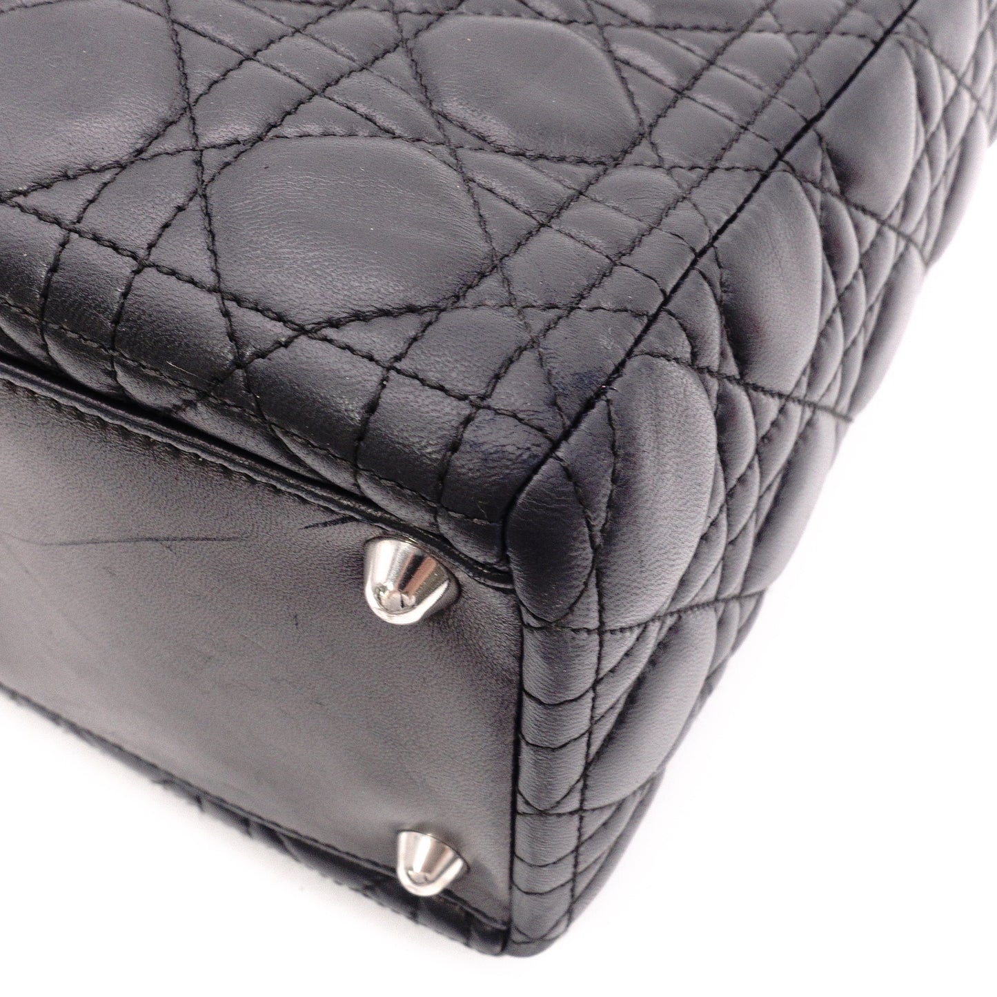 Christian Dior Lady Dior Handbag, Leather, Black, Women's, Silver Hardware, CD