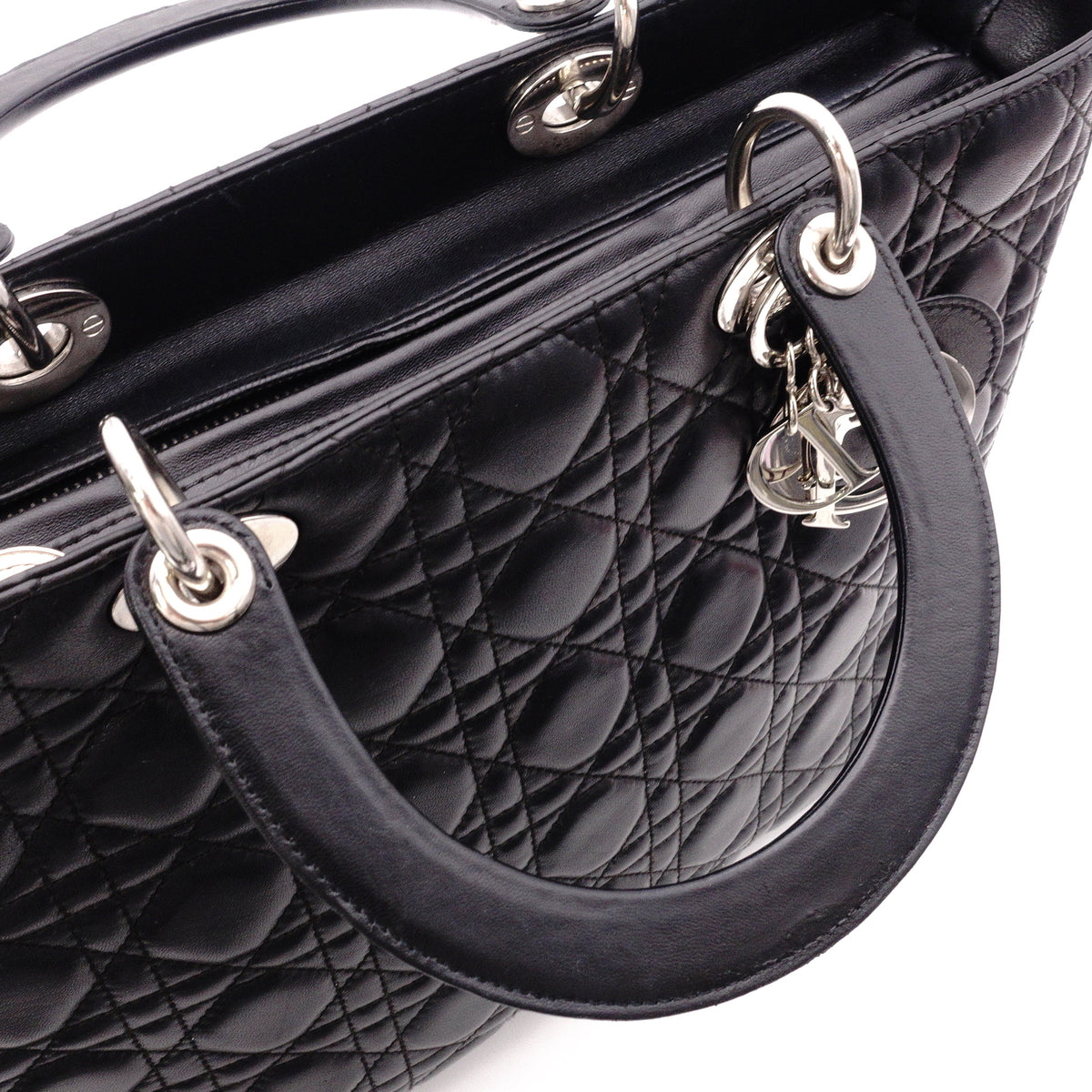 Christian Dior Lady Dior Handbag, Leather, Black, Women's, Silver Hardware, CD