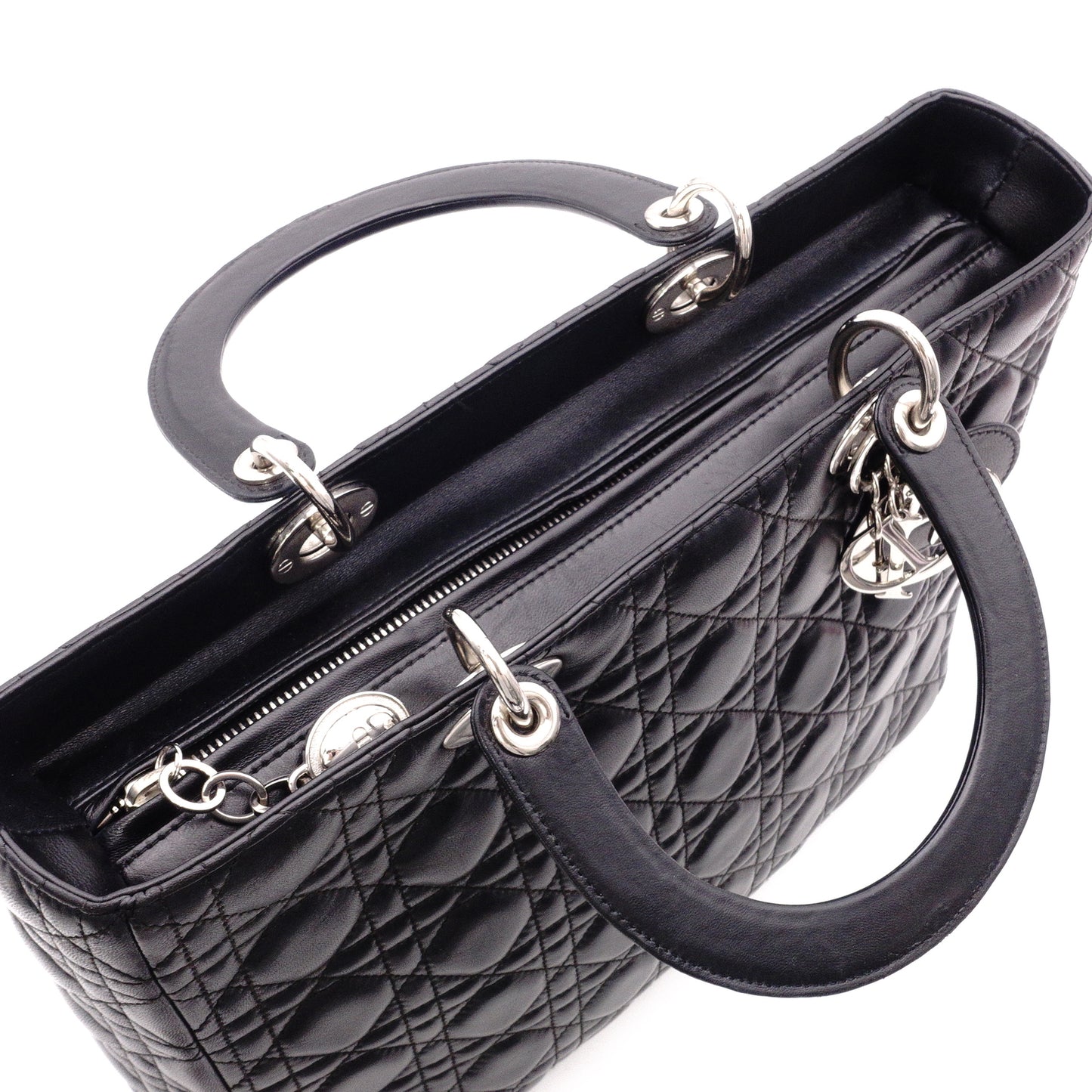 Christian Dior Lady Dior Handbag, Leather, Black, Women's, Silver Hardware, CD