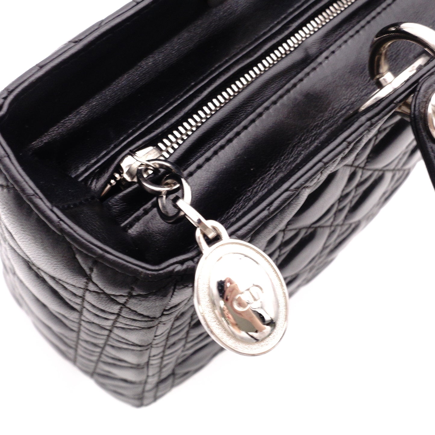 Christian Dior Lady Dior Handbag, Leather, Black, Women's, Silver Hardware, CD