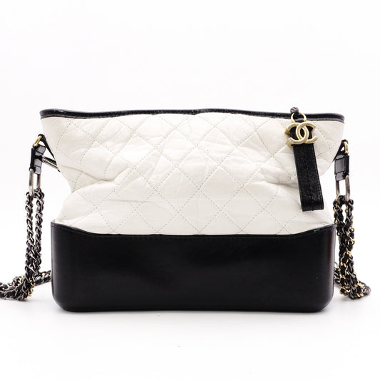 CHANEL Gabrielle de Chanel Shoulder Bag, Leather, White, Black, Women's, Gold and Silver Hardware, CC Logo
