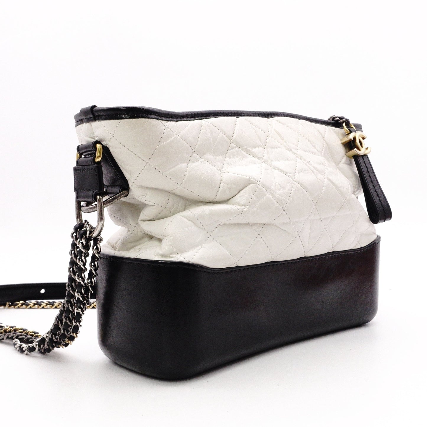 CHANEL Gabrielle de Chanel Shoulder Bag, Leather, White, Black, Women's, Gold and Silver Hardware, CC Logo