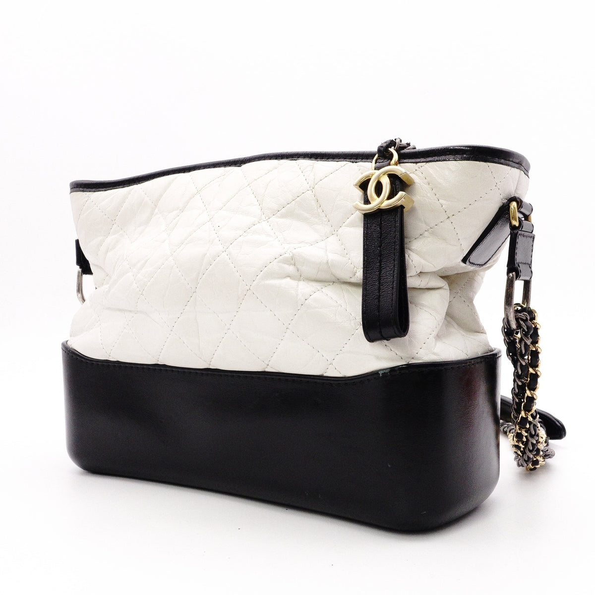 CHANEL Gabrielle de Chanel Shoulder Bag, Leather, White, Black, Women's, Gold and Silver Hardware, CC Logo