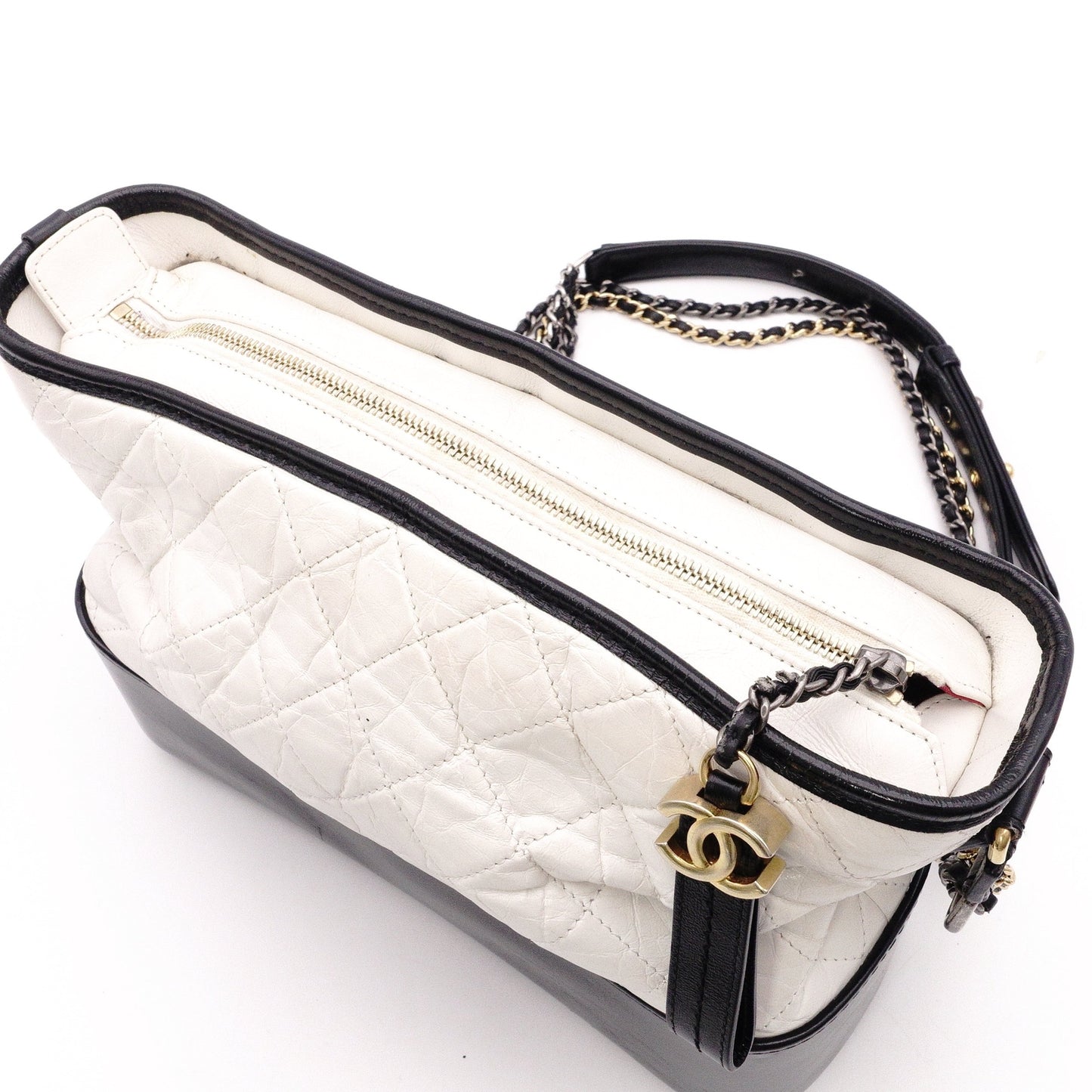 CHANEL Gabrielle de Chanel Shoulder Bag, Leather, White, Black, Women's, Gold and Silver Hardware, CC Logo