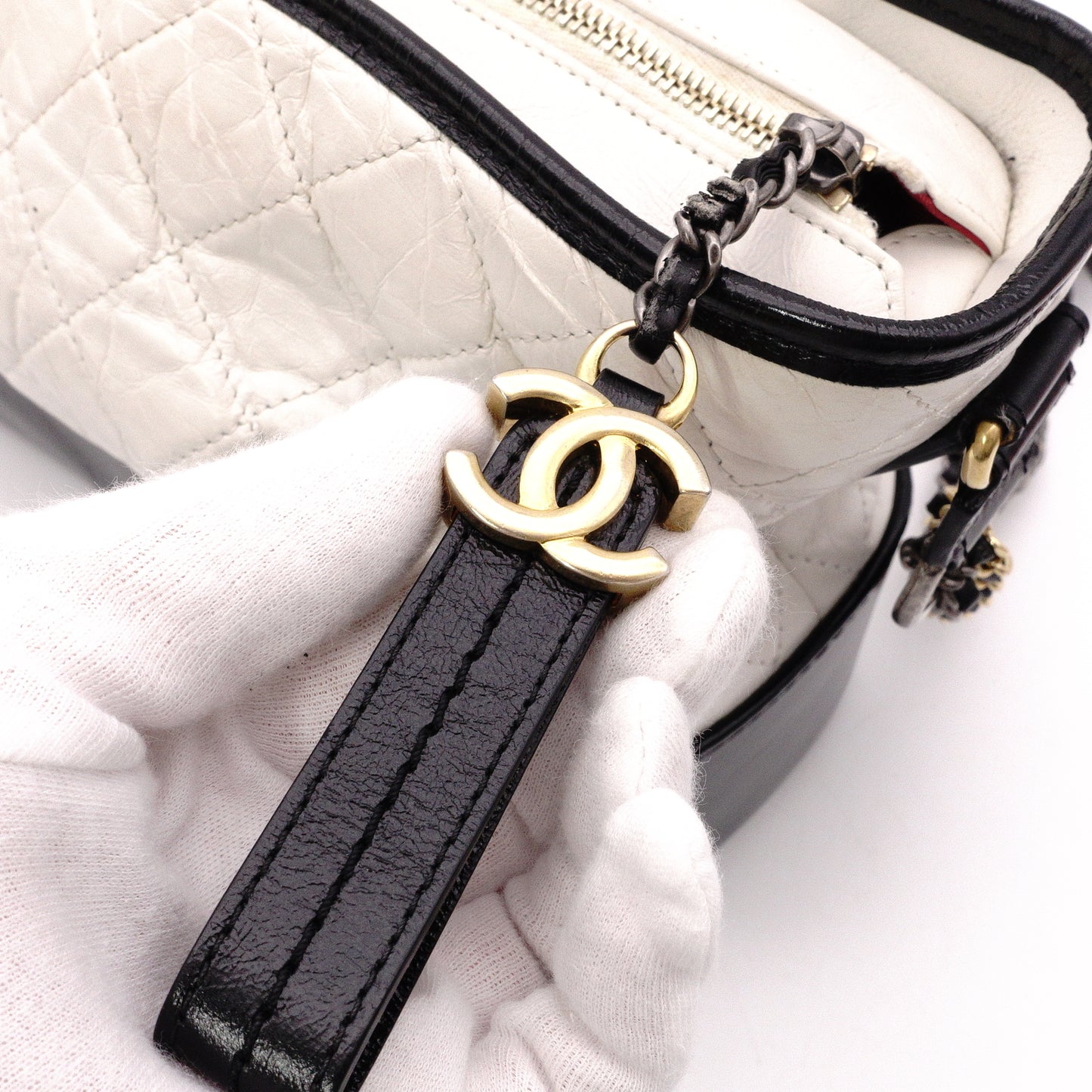 CHANEL Gabrielle de Chanel Shoulder Bag, Leather, White, Black, Women's, Gold and Silver Hardware, CC Logo
