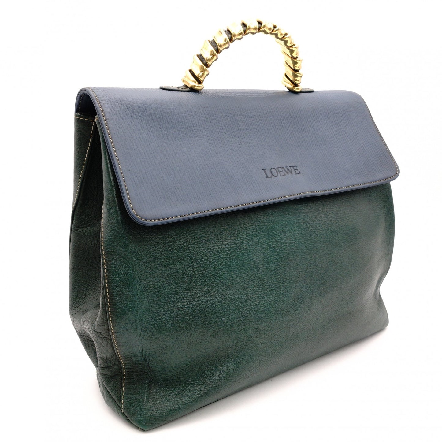 LOEWE Velasquez Handbag 2-Way Leather Blue x Green Shoulder R8020081