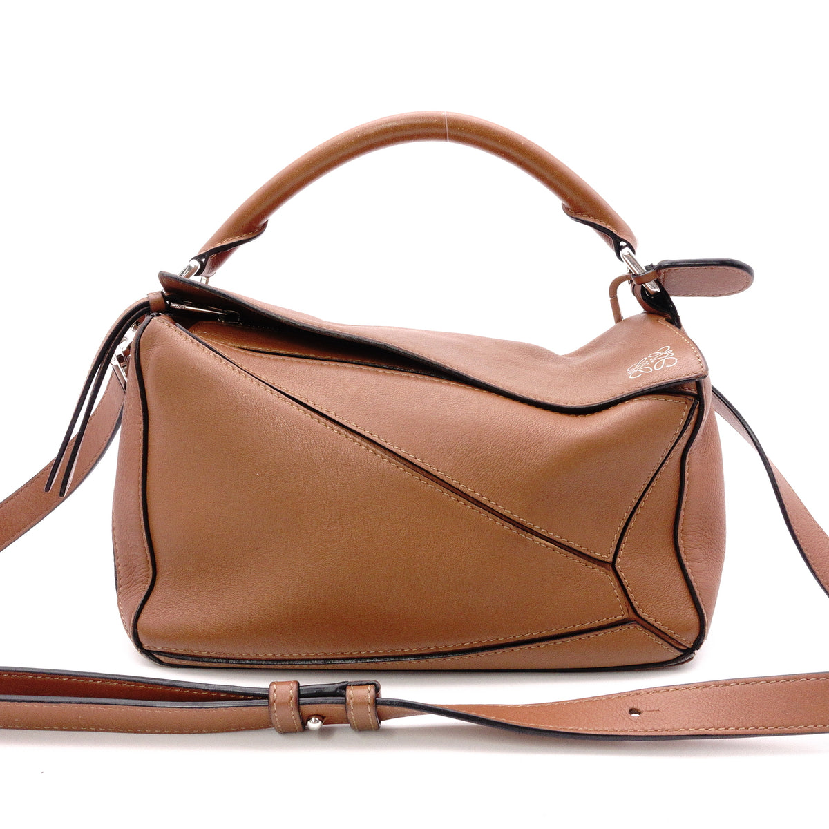 LOEWE Puzzle Small Handbag, Leather, Brown, Women's, 2-Way, Silver Hardware, Brown, Logo