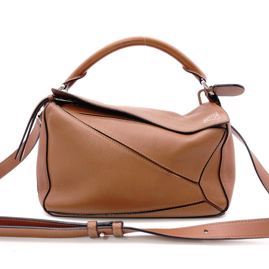 LOEWE Puzzle Small Handbag, Leather, Brown, Women's, 2-Way, Silver Hardware, Brown, Logo