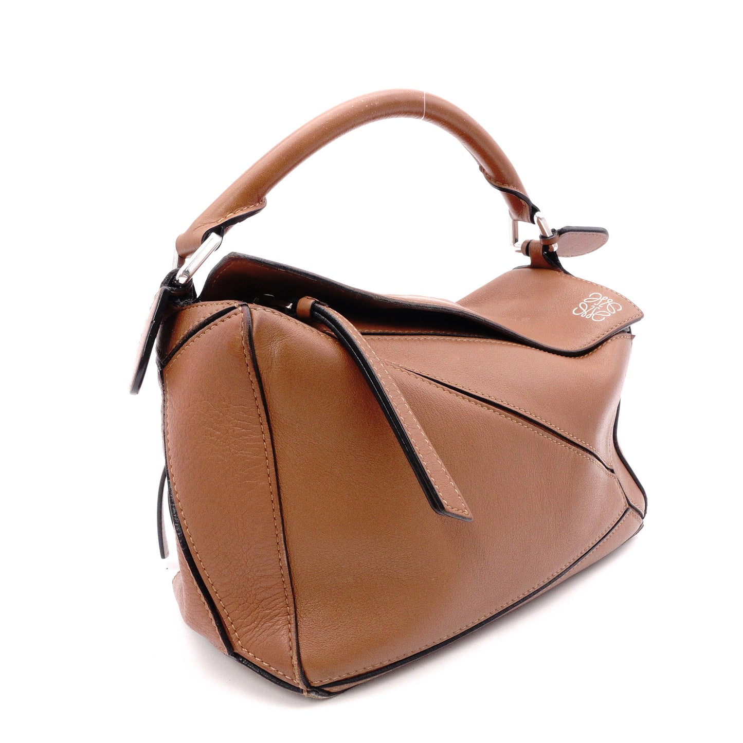 LOEWE Puzzle Small Handbag, Leather, Brown, Women's, 2-Way, Silver Hardware, Brown, Logo