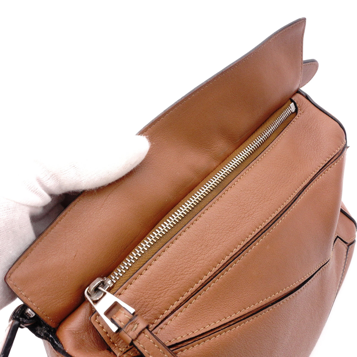 LOEWE Puzzle Small Handbag, Leather, Brown, Women's, 2-Way, Silver Hardware, Brown, Logo