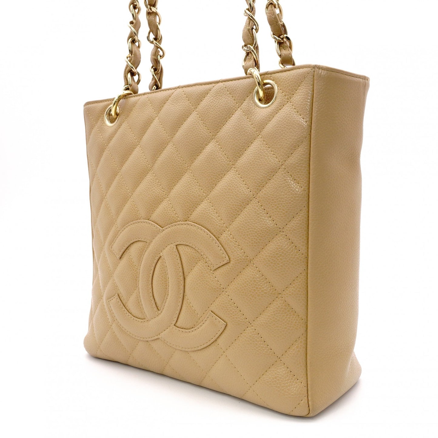 CHANEL PST Matelassé Shoulder Bag, Leather, Beige, Gold Hardware