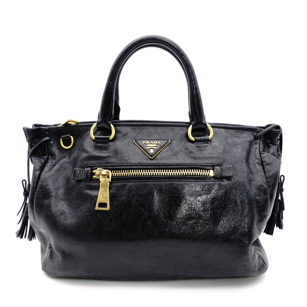 PRADA Handbag Black Leather Triangle Logo Black Gold Hardware R8020289