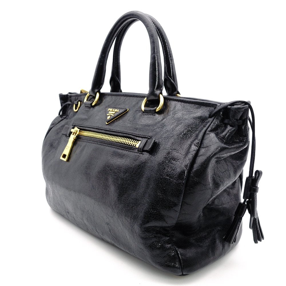 PRADA Handbag Black Leather Triangle Logo Black Gold Hardware R8020289