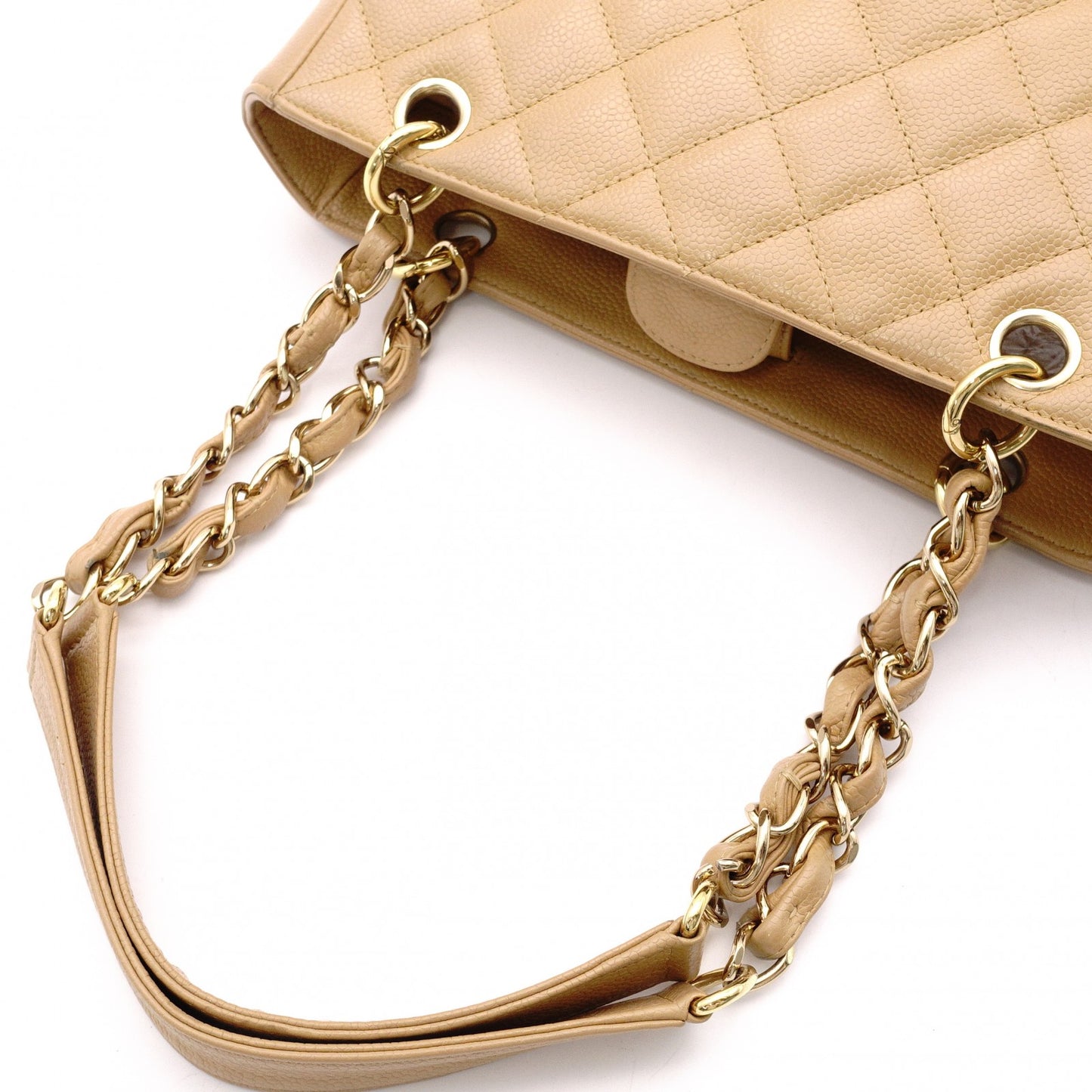 CHANEL PST Matelassé Shoulder Bag, Leather, Beige, Gold Hardware