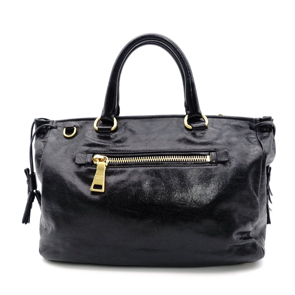 PRADA Handbag Black Leather Triangle Logo Black Gold Hardware R8020289