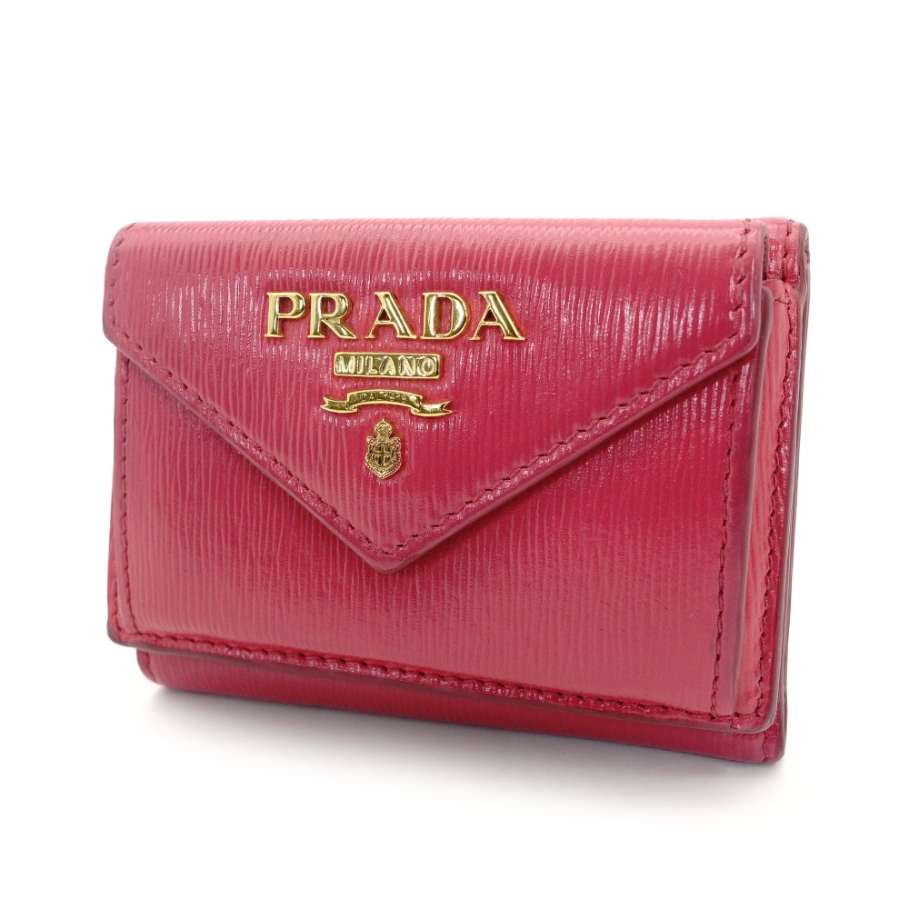 PRADA Compact Wallet Tri-Fold Wallet Saffiano Leather Pink Mini Wallet with Logo Box 7-7-514