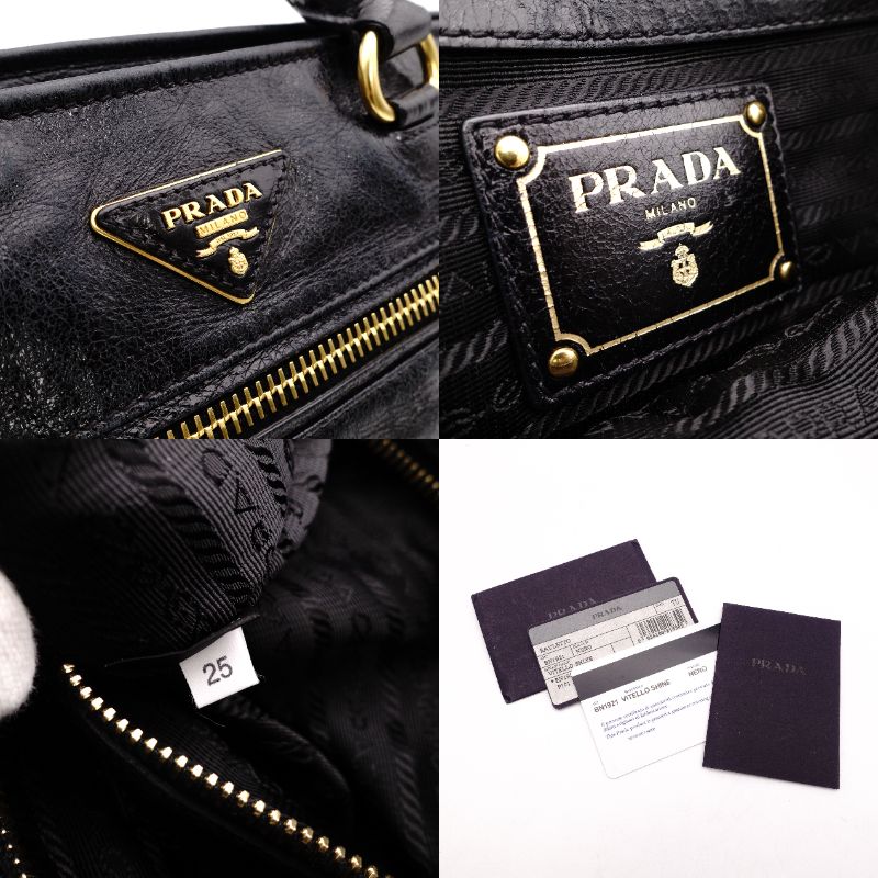 PRADA Handbag Black Leather Triangle Logo Black Gold Hardware R8020289