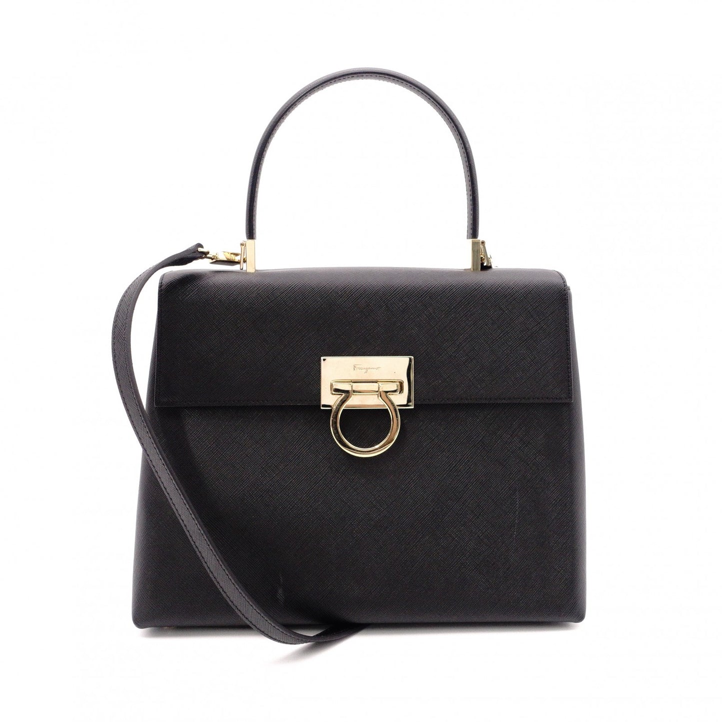 Salvatore Ferragamo Gancini Handbag, Leather, Black, 2-Way, Gold Hardware