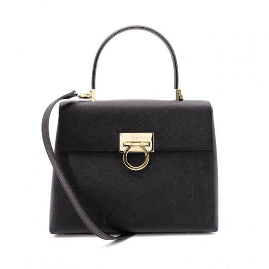 Salvatore Ferragamo Gancini Handbag, Leather, Black, 2-Way, Gold Hardware