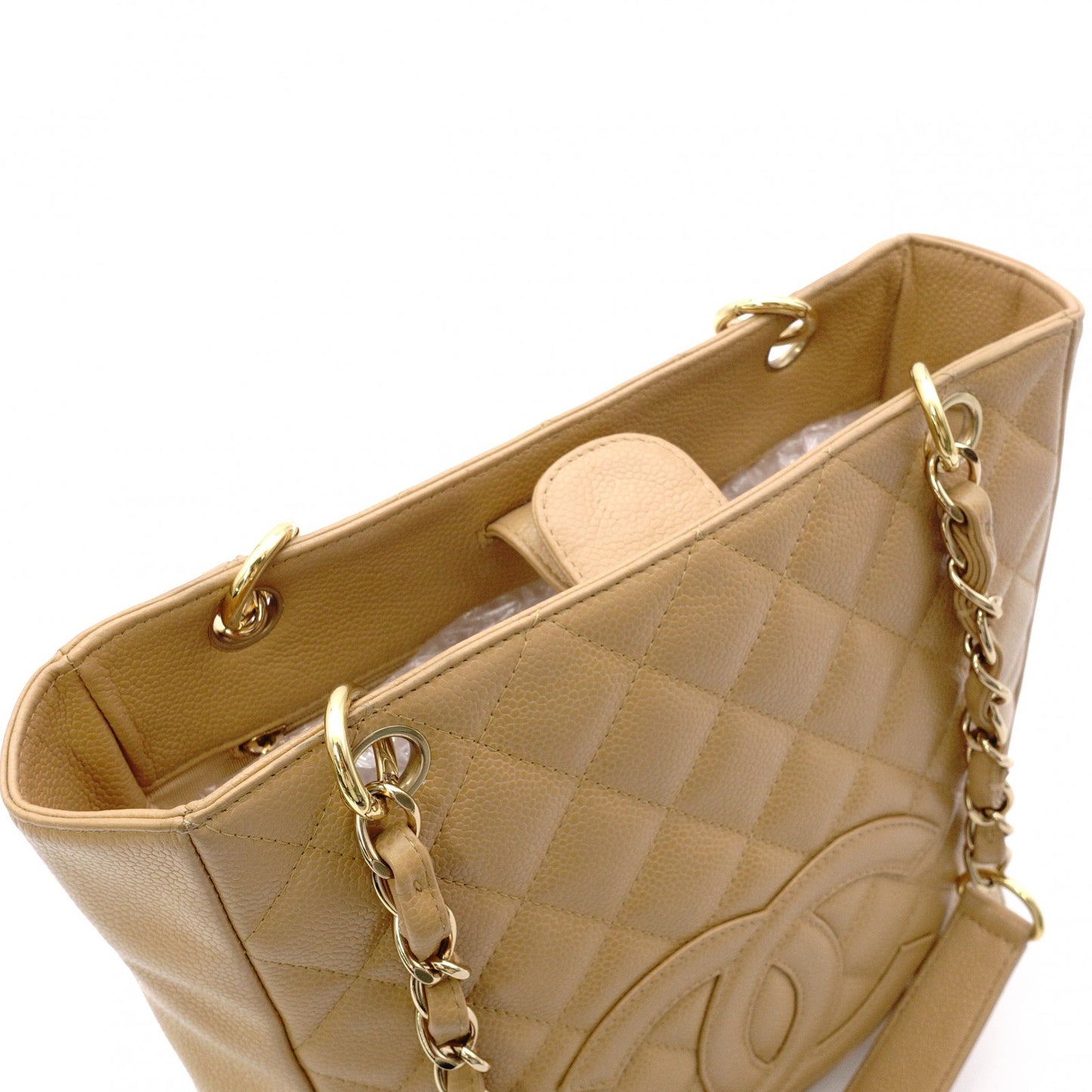 CHANEL PST Matelassé Shoulder Bag, Leather, Beige, Gold Hardware