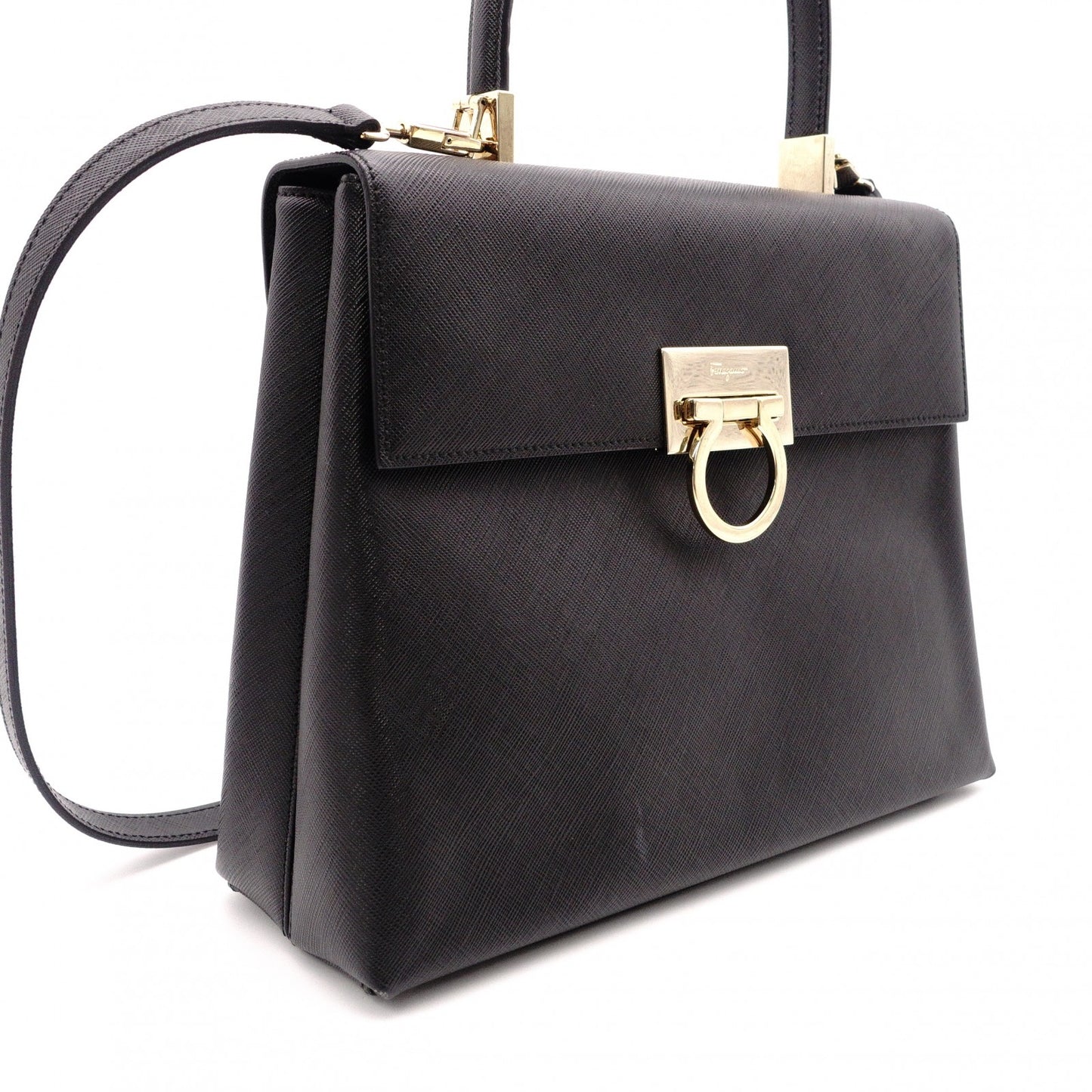 Salvatore Ferragamo Gancini Handbag, Leather, Black, 2-Way, Gold Hardware