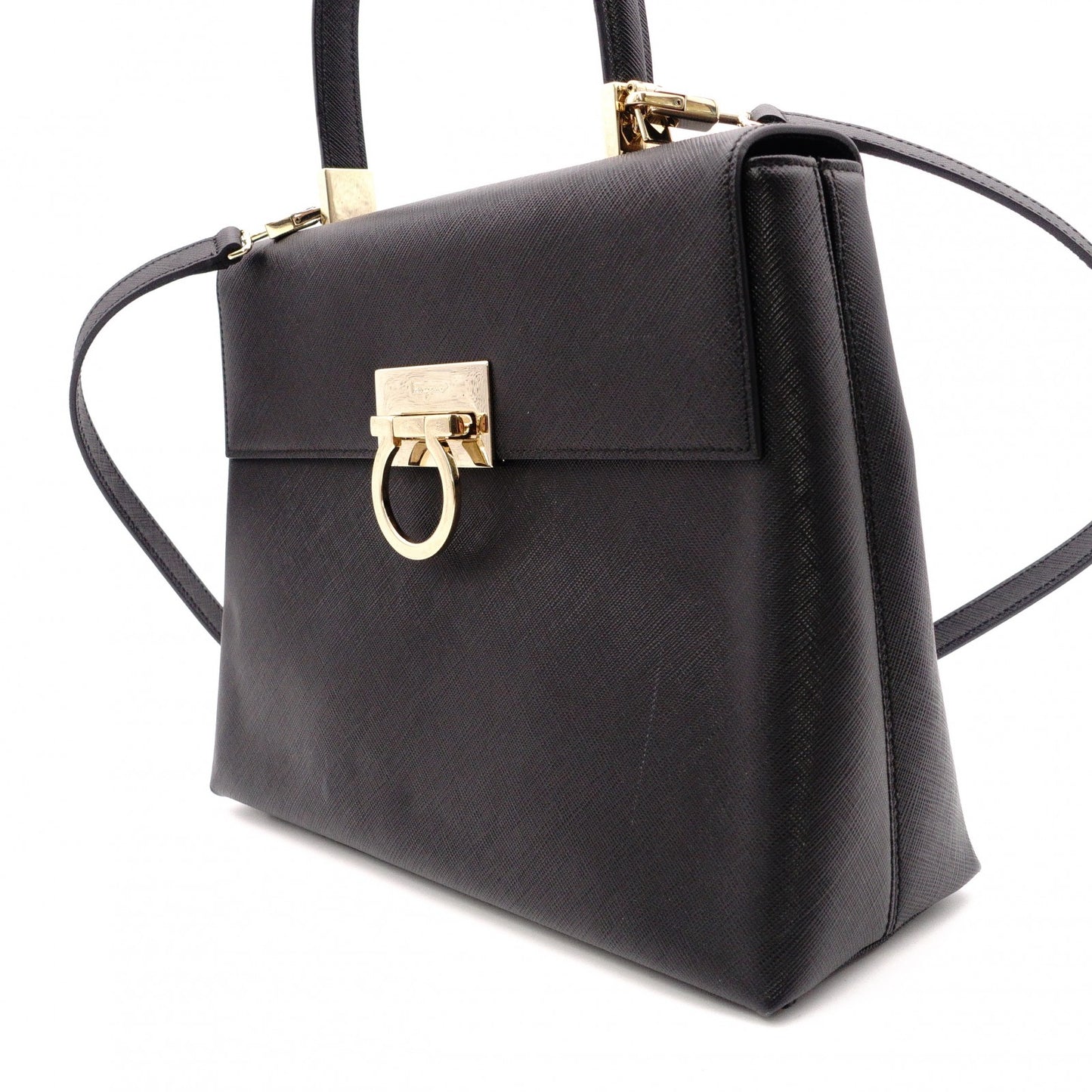 Salvatore Ferragamo Gancini Handbag, Leather, Black, 2-Way, Gold Hardware