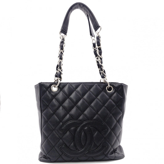 CHANEL PST Matelassé Shoulder Bag, Leather, Black with Silver Hardware